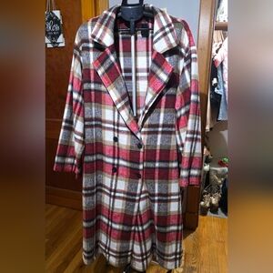 SHEIN Plaid Double-Breasted Coat - Red, Brown, White